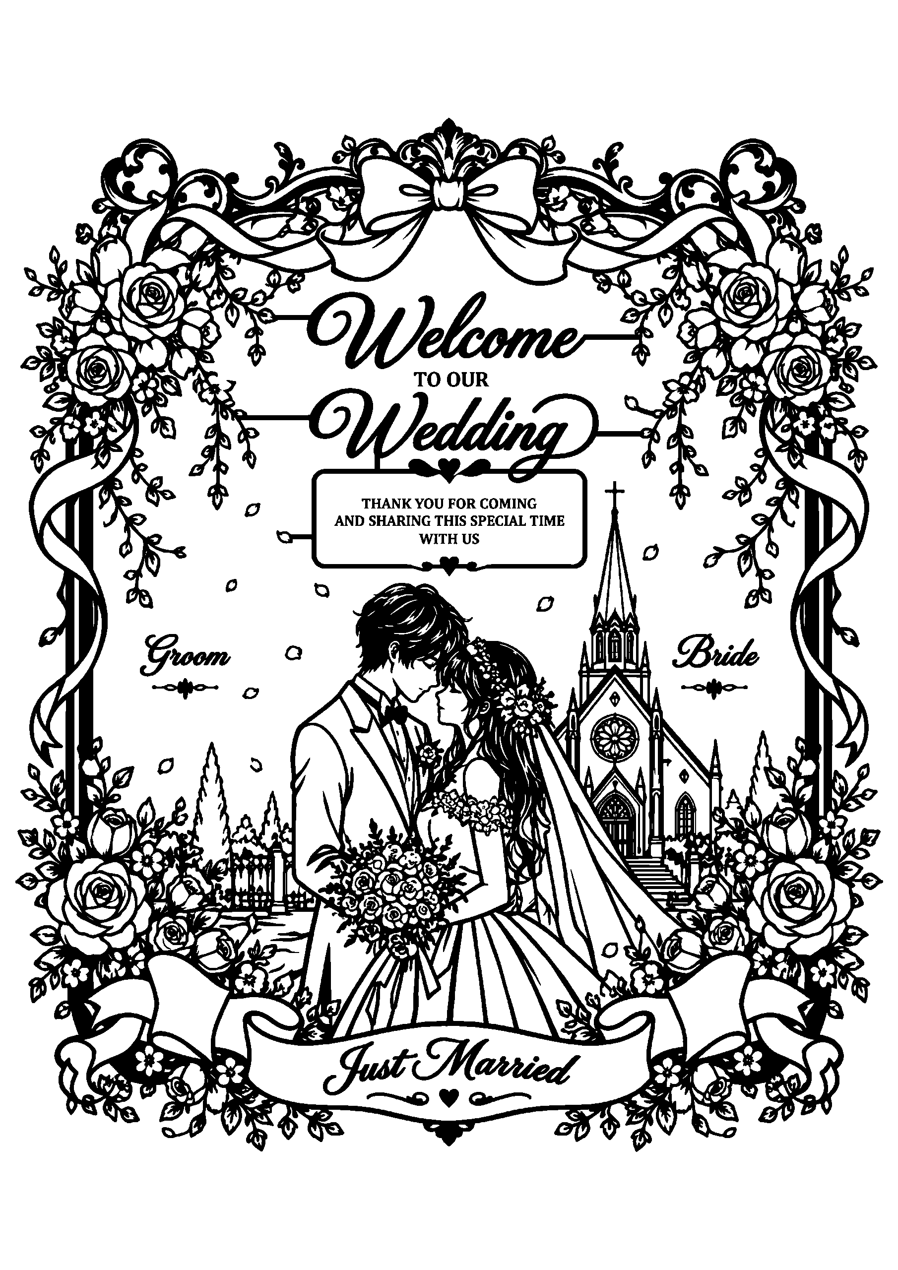 上部にリボンをあしらった華やかな花の額縁の中に、「Welcome to our Wedding」の文字と教会、手前に新郎新婦を描いた精巧なウェルカムボード風切り絵図案0384