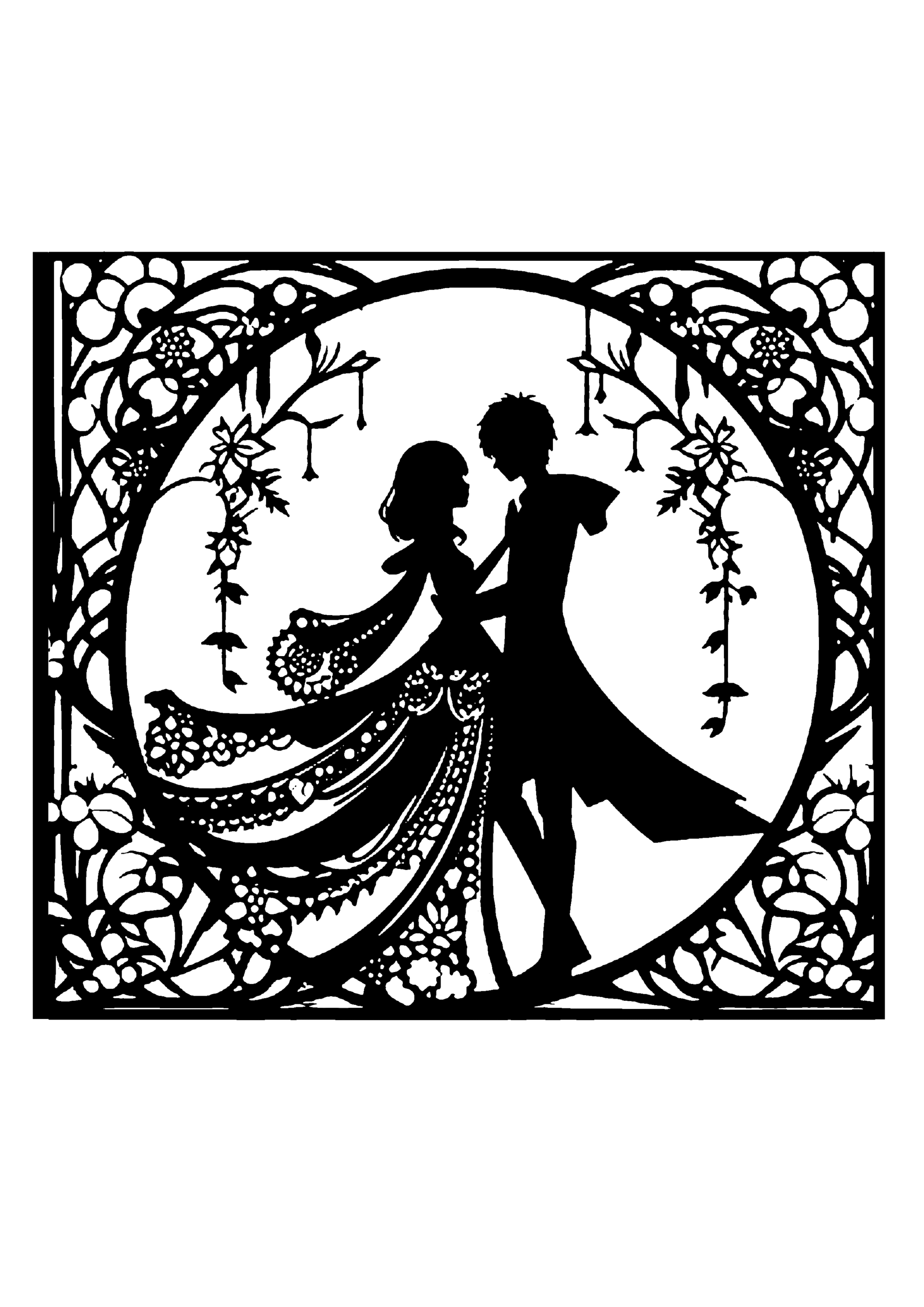 四角い枠と円形の花のアーチが組み合わさった構図の中で、動きのあるドレスやタキシード姿で優雅にステップを踏む二人の切り絵図案0389