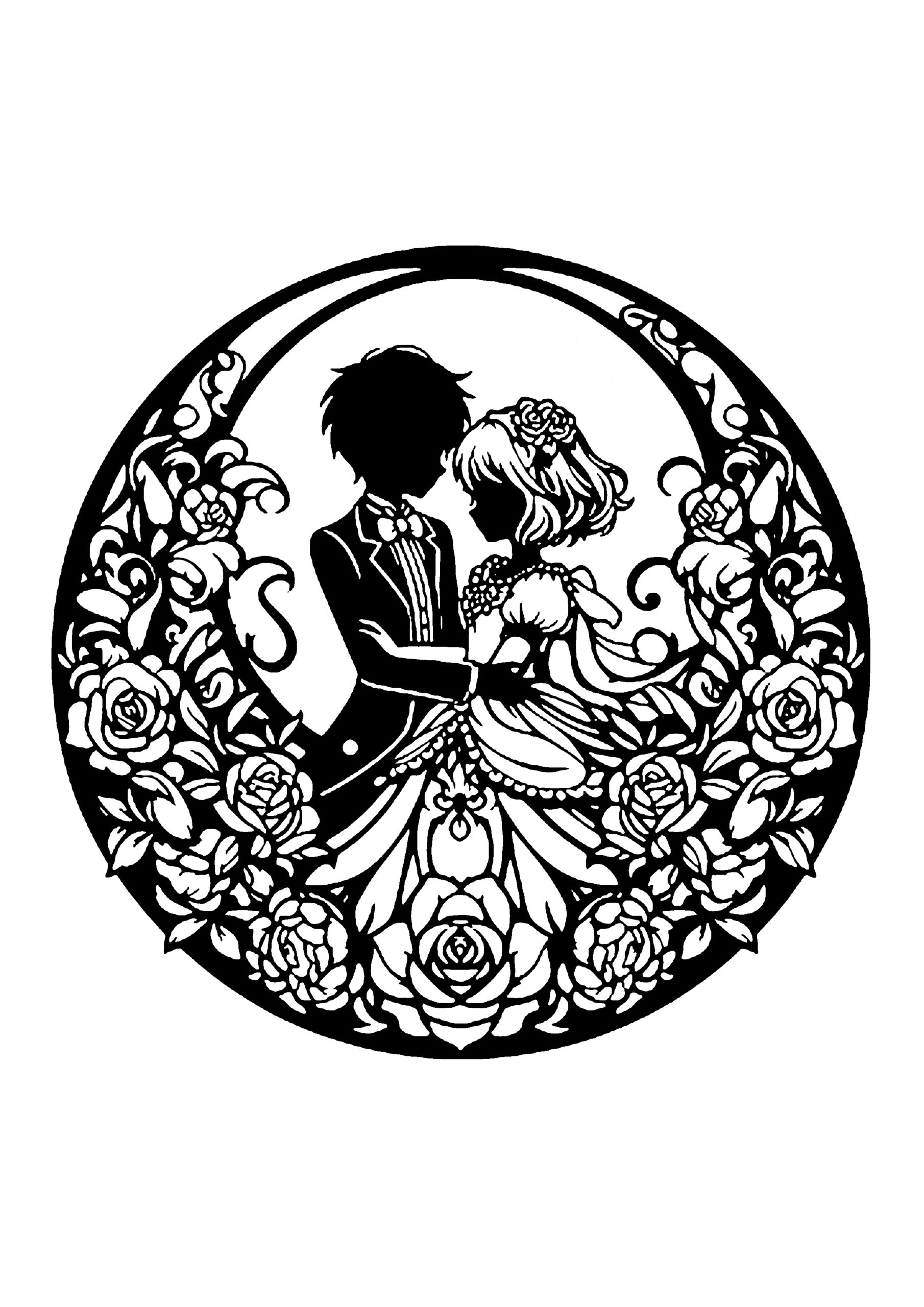 咲き誇る薔薇をあしらった円形のフレームの中で、優しく抱き合い微笑み合う新郎新婦を描いた、王道でロマンチックなウェディング切り絵図案0391
