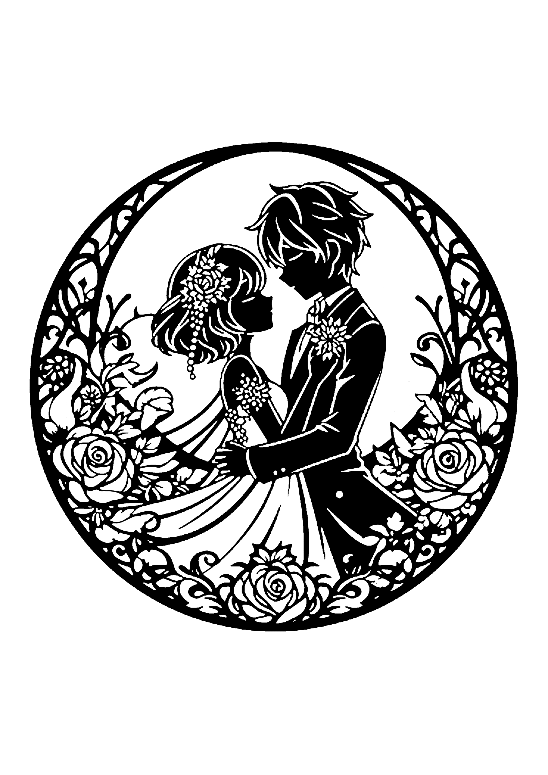 華やかな薔薇の円形フレームの中で、誓いの時間を過ごす新郎新婦の親密な姿をクローズアップで切り取ったウェディング切り絵図案0393