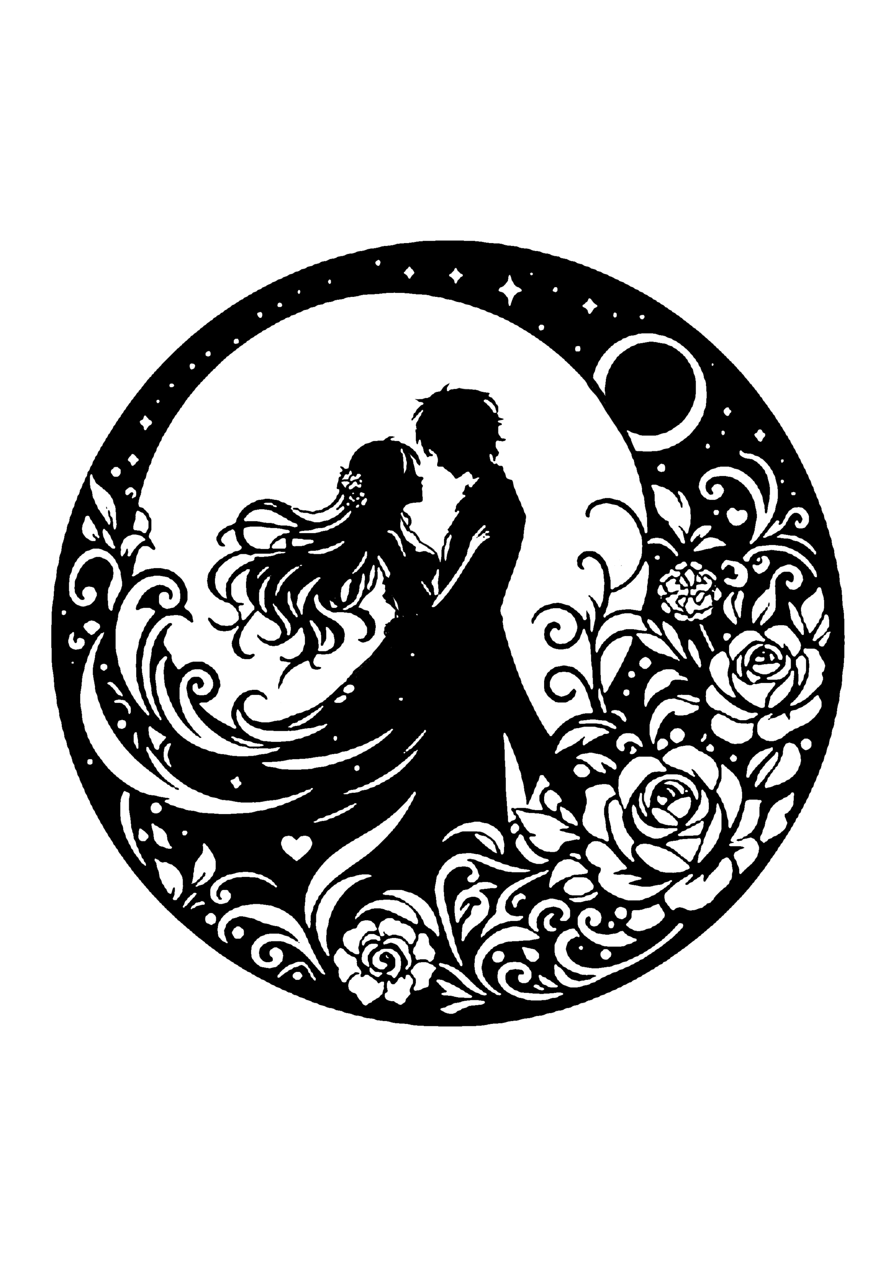 星空と三日月を背景に、風に舞うような新婦の長い髪とドレスの裾が左へと美しく流れる、幻想的な円形のウェディング切り絵図案0394
