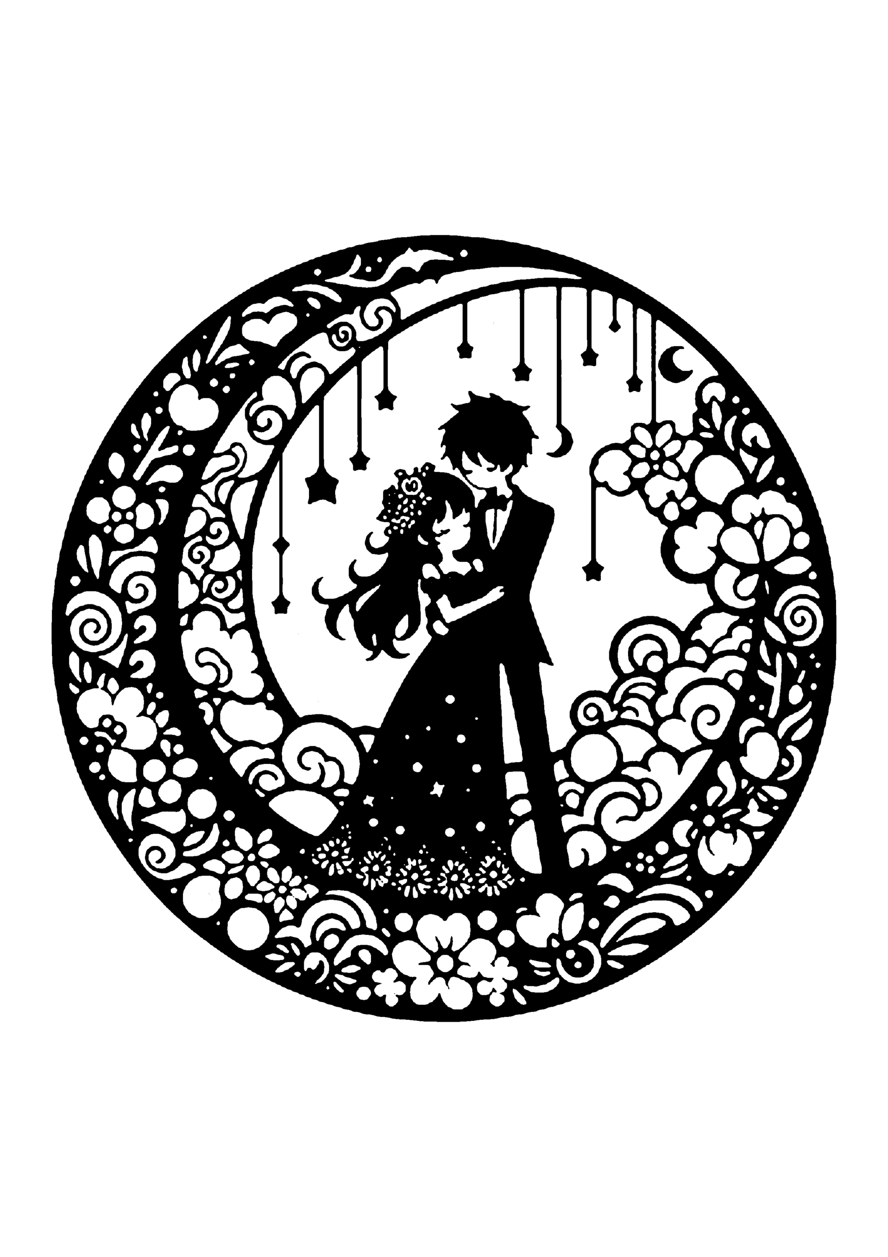 雲が浮かぶ星降る夜空と大きな三日月を背景に、可愛らしいドレス姿の新婦と新郎が寄り添う、絵本のワンシーンのような円形切り絵図案0396