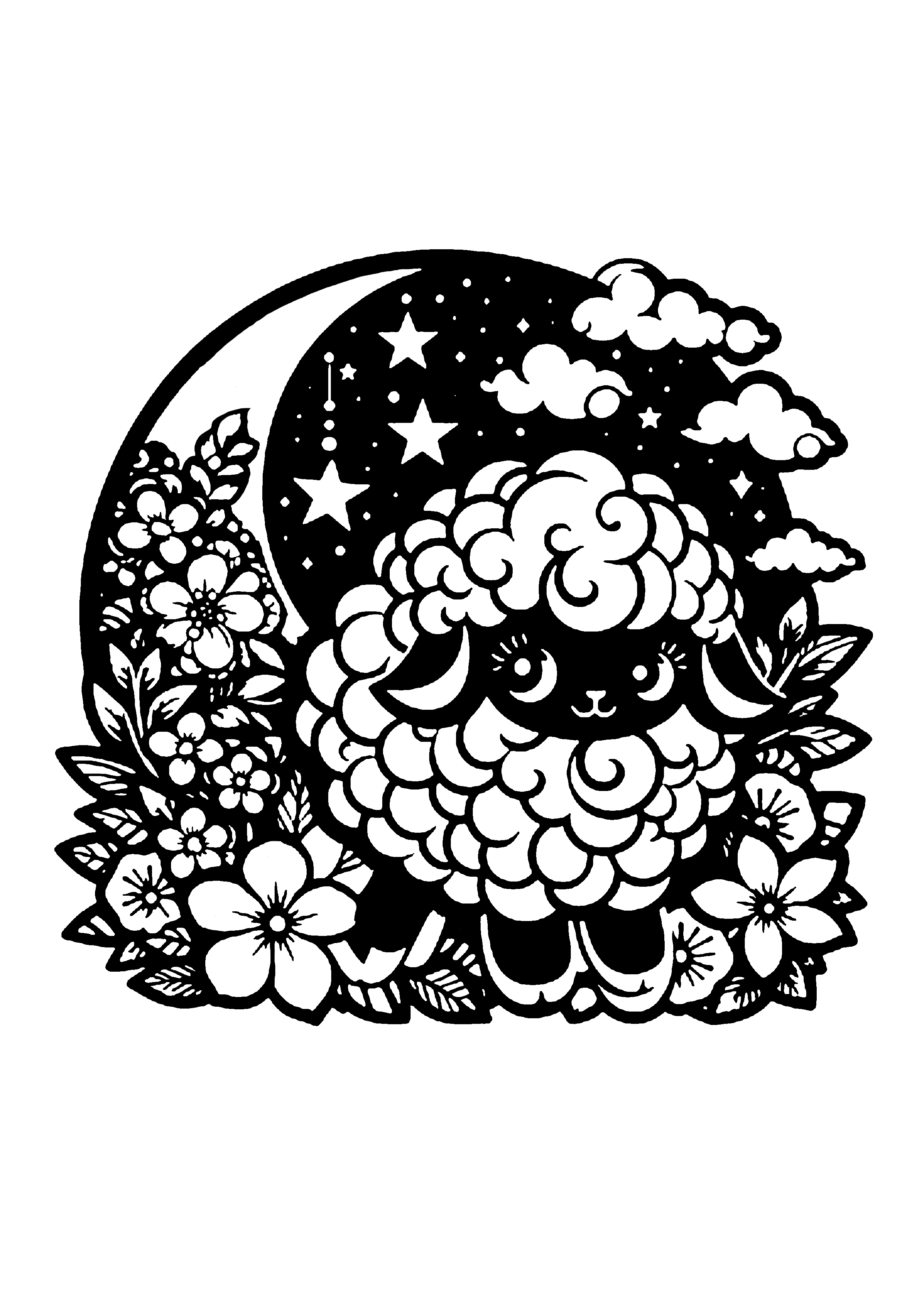 三日月と星空、可憐な花々を背景に、もこもことした可愛らしい羊を描いたファンタジー調の切り絵図案0403