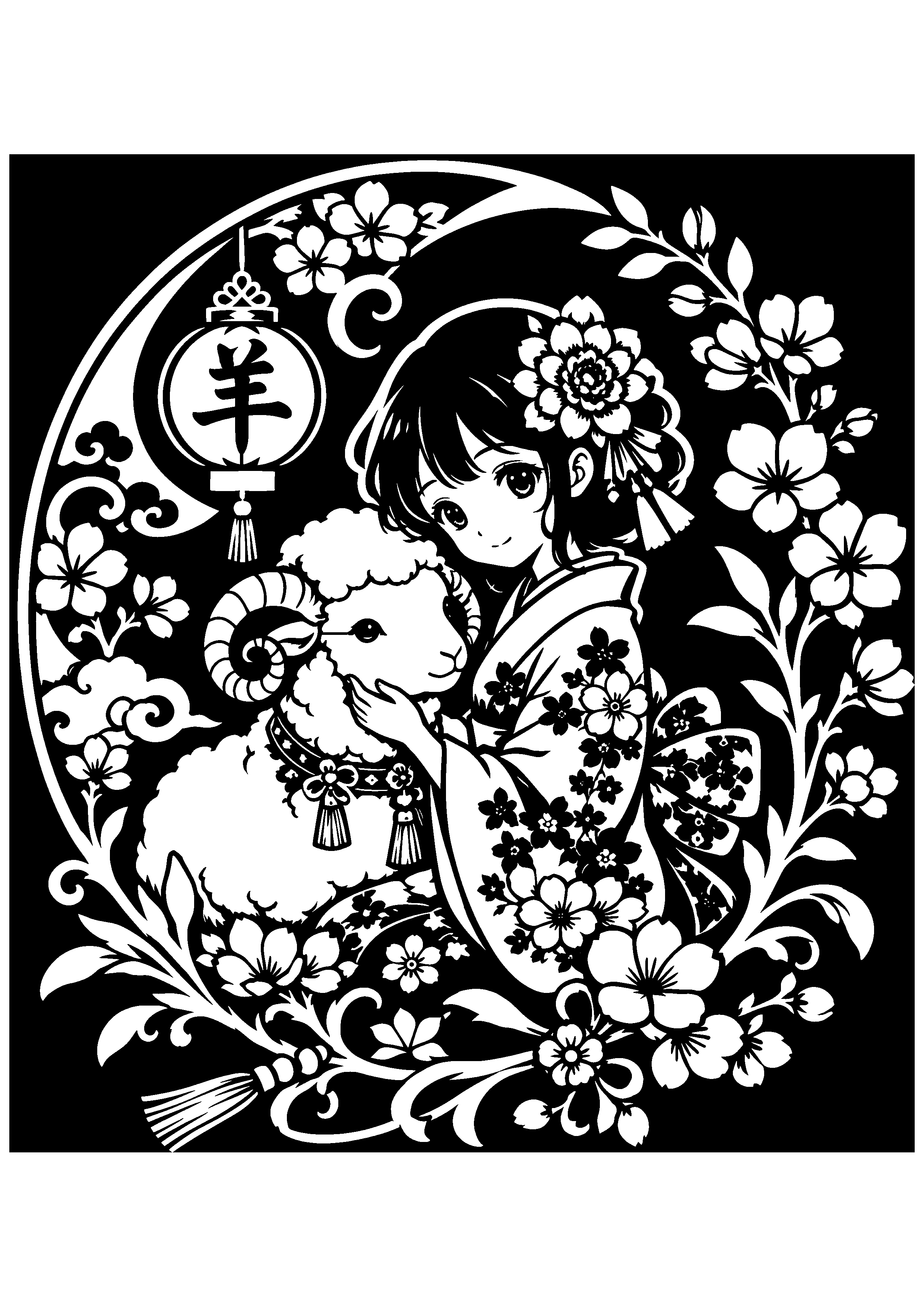 「羊」の文字が入った丸い飾りや満開の花々を背景に、着物姿の可愛らしい少女が羊を抱きしめる和風の切り絵図案0407