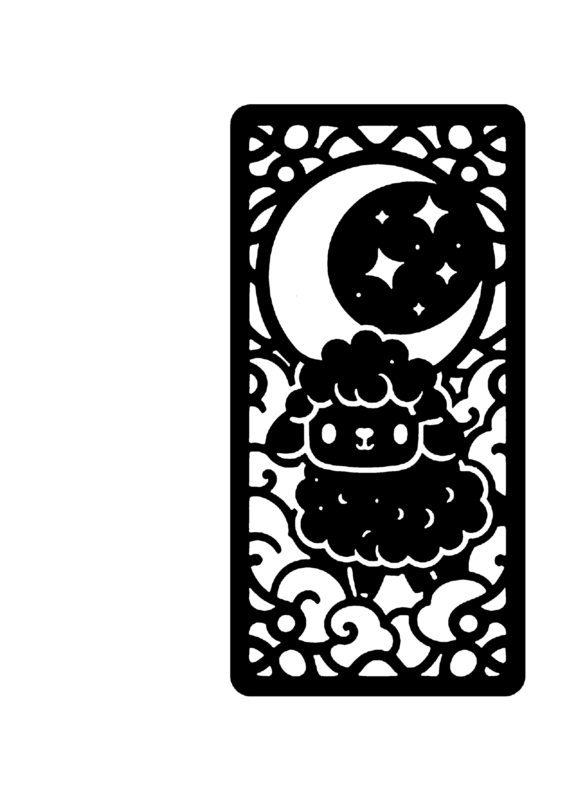 大きな三日月と星が輝く夜空の下で、もこもこの羊がちょこんとお座りしている縦長の愛らしい切り絵図案0408