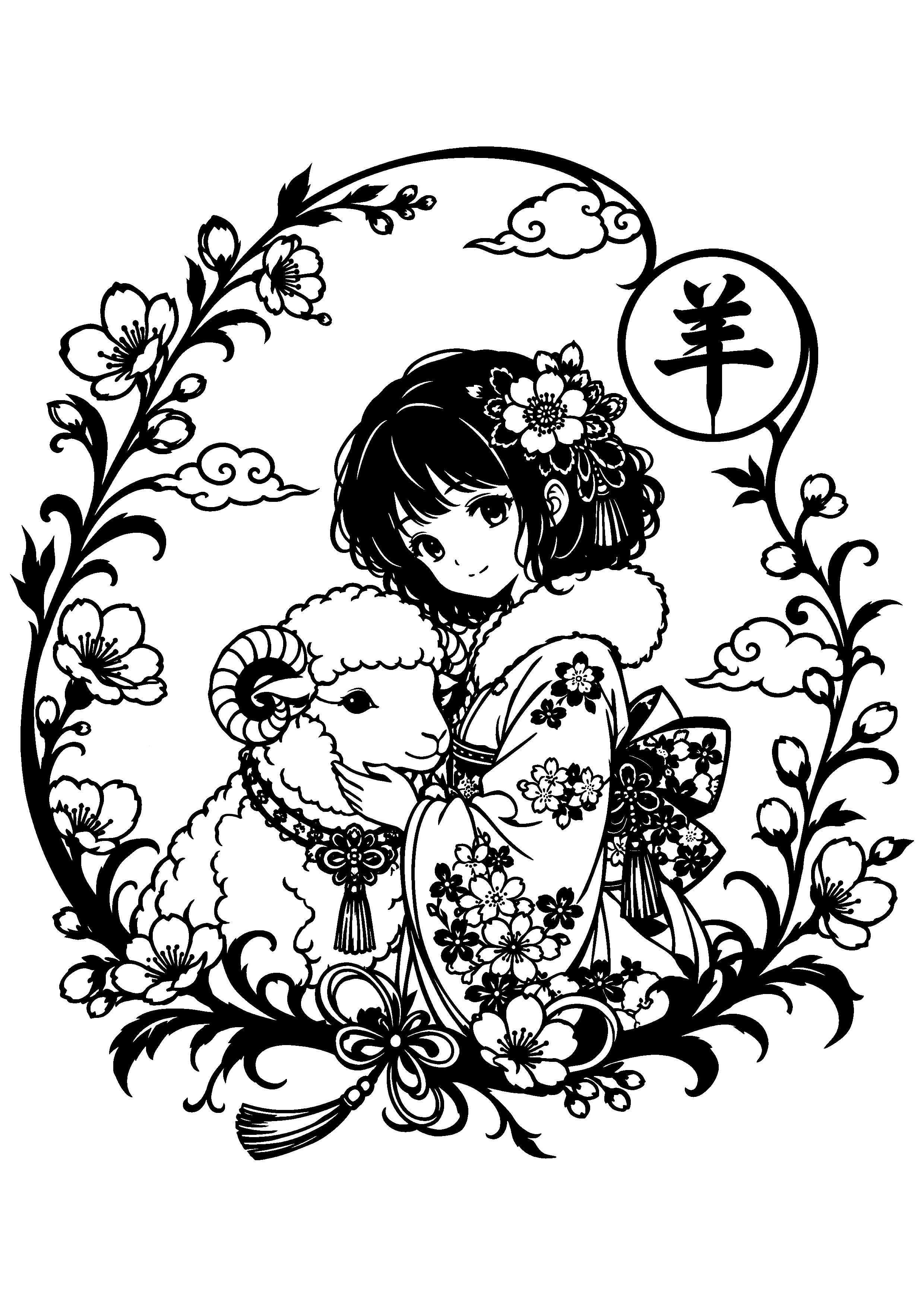 「羊」の文字飾りや和柄の雲、花々を背景に、着物姿の少女と羊が寄り添う繊細で美しい切り絵図案0410